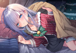 Rule 34 | 1girl, :/, ahoge, bed sheet, black bra, black dress, blue eyes, blush, bra, breasts, cardigan, christmas, christmas tree, cleavage, clenched hand, closed mouth, collarbone, curtains, dot nose, dress, foot out of frame, hair between eyes, half-closed eyes, lace trim, lingerie, long sleeves, looking at viewer, lying, medium breasts, mizuiro raika, night, on bed, on side, original, pajamas, pillow, red cardigan, sheet grab, silver hair, solo, underwear
