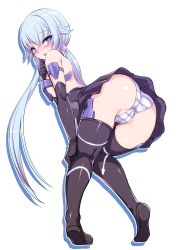 Rule 34 | 10s, 1girl, absurdres, ass, black gloves, blue eyes, blue hair, blush, cleft of venus, elbow gloves, frame arms girl, from behind, gloves, harigane shinshi, highres, long hair, looking at viewer, mecha musume, open mouth, panties, partially visible vulva, simple background, solo, striped clothes, striped panties, stylet, thighhighs, twintails, underwear