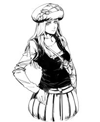 Rule 34 | 1girl, beret, closed mouth, cowboy shot, greyscale, hand on own hip, hat, long hair, long sleeves, monochrome, pleated skirt, priscilla (the witcher), ruukii drift, scroll, simple background, skirt, solo, the witcher (series), the witcher 3, vest, white background