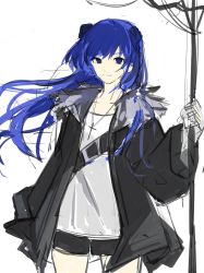 Rule 34 | 1girl, arknights, black halo, black jacket, black shorts, blouse, blue eyes, blue hair, collarbone, cowboy shot, cross, cross necklace, dark halo, demon horns, dumenggu, fur-trimmed jacket, fur trim, halo, highres, holding, holding staff, horns, jacket, jewelry, long hair, long sleeves, looking at viewer, mostima (arknights), necklace, open clothes, open jacket, shirt, short shorts, shorts, simple background, sketch, smile, solo, staff, unfinished, white background, white shirt, wind