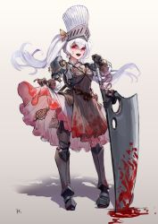 Rule 34 | 1girl, absurdres, armor, blood, blood on clothes, blood on face, bloody weapon, blush, brown background, brown gloves, chinese commentary, clothes lift, gloves, glowing, glowing eyes, greaves, grey skirt, han (ozrfour), hand on hilt, highres, holding, holding sword, holding weapon, karu (virtuareal), knight, long hair, looking to the side, mace, nijisanji, open mouth, skirt, skirt lift, smile, solo, sword, twintails, virtual youtuber, virtuareal, weapon, white hair