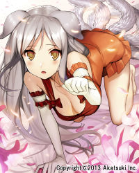 Rule 34 | 10s, 1girl, 2013, absurdres, akatsuki (company), all fours, animal ears, barefoot, breasts, cleavage, company name, dog ears, dress, elbow gloves, flower, gaou (umaiyo puyoman), gloves, highres, large breasts, looking at viewer, makai touitsu chaos blade, multiple tails, orange dress, orange skirt, paw pose, silver hair, skirt, solo, tail, white gloves
