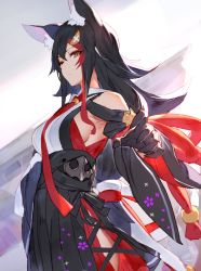 Rule 34 | 1girl, animal ear fluff, animal ears, armpits, azur lane, black dress, black gloves, black hair, breasts, closed mouth, clothing cutout, detached sleeves, dress, gloves, gun, hair ornament, hairclip, hand on own hip, hololive, izumi sai, kouhaku nawa, looking to the side, machine gun, medium breasts, multicolored hair, necktie, ookami mio, orange hair, outstretched arm, red hair, red neckwear, shimenawa, shoulder cutout, sideboob, standing, streaked hair, virtual youtuber, weapon, white background, wing collar, wolf ears, wolf girl