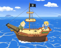 Rule 34 | 2boys, alternate color, black eyes, blonde hair, bow, bow (weapon), jolly roger, link, lucas (mother 3), male focus, mother (game), mother 3, multiple boys, nintendo, ocean, pointy ears, ship, super smash bros., the legend of zelda, toon link, watercraft, weapon