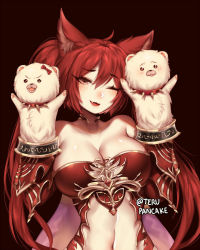 Rule 34 | 1girl, ;d, animal ears, artist name, bare shoulders, breasts, cerberus (shingeki no bahamut), cleavage, commentary, dog ears, english commentary, fang, granblue fantasy, hair between eyes, hand puppet, hands up, large breasts, long hair, looking at viewer, navel, one eye closed, open mouth, puppet, red eyes, red hair, shadowverse, shingeki no bahamut, smile, solo, stomach, terupancake, twintails, twitter username