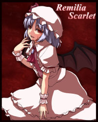 Rule 34 | 1girl, ascot, bat wings, brooch, character name, female focus, gem, hat, jewelry, long hair, looking at viewer, mob cap, negija, red background, red eyes, remilia scarlet, short hair, silver hair, simple background, solo, touhou, vampire, wings, wrist cuffs