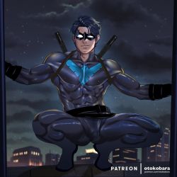 Rule 34 | 1boy, artist name, bara, batman (series), belt, black belt, black bodysuit, black gloves, black hair, blue bodysuit, bodysuit, bulge, closed mouth, covered abs, covered erect nipples, dc comics, dick grayson, domino mask, gloves, highres, large pectorals, looking at viewer, male focus, mask, muscular, muscular male, night, night sky, nightwing, otokobara, outdoors, paid reward available, patreon username, pectorals, short hair, sky, solo, squatting, taut bodysuit, taut clothes, thick thighs, thighs, two-tone bodysuit, weapon, weapon on back