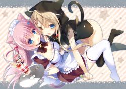 Rule 34 | 2girls, absurdres, animal ears, bell, neck bell, black legwear, blonde hair, blue eyes, blush, breasts, candy, cat ears, cat tail, cleavage, collar, fish hair ornament, food, glass, hair ornament, heterochromia, highres, holding, holding tray, hood, hoodie, ice cream, large breasts, lollipop, multiple girls, natsuki marina, open mouth, original, pink hair, smile, spoon, sundae, tail, thighhighs, tray, white legwear, yellow background, yoruneko