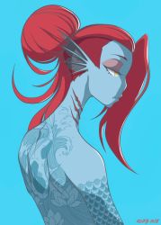 Rule 34 | 1girl, 2018, alternate hair length, alternate hairstyle, androgynous, aqua background, arm tattoo, artist name, back, back focus, back tattoo, blue background, blue skin, colored skin, eyeshadow, fang, fins, flat color, flower, fringe trim, from behind, full-body tattoo, gills, hair bun, half-closed eyes, head fins, highres, kehmy, looking down, lotus, makeup, monster girl, nude, red hair, signature, simple background, single hair bun, solo, tattoo, undertale, undyne, upper body, yellow eyes