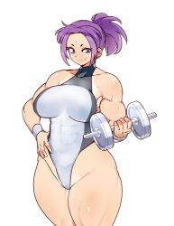 Rule 34 | 1girl, abs, bare shoulders, blue eyes, breasts, collarbone, covered navel, dumbbell, exercise, hand on own hip, hanzo (2929), large breasts, looking at object, muscular, muscular female, navel, one-piece swimsuit, original, ponytail, purple hair, shiny skin, simple background, smile, solo, swimsuit, thick thighs, thighs, weightlifting, white background, white wristband, wristband