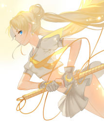 Rule 34 | 1girl, absurdres, adapted costume, bishoujo senshi sailor moon, blonde hair, blue eyes, double bun, earrings, fighting stance, gloves, grey skirt, highres, jewelry, joseph lee, long hair, magical girl, pleated skirt, profile, ready to draw, sailor collar, sailor moon, sheath, sheathed, skirt, smile, solo, sword, tsukino usagi, twintails, weapon
