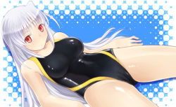 Rule 34 | 1girl, arm support, breasts, cameltoe, competition swimsuit, katatsuka kouji, large breasts, legs, long hair, lying, lyrical nanoha, mahou shoujo lyrical nanoha, mahou shoujo lyrical nanoha a&#039;s, one-piece swimsuit, red eyes, reinforce, silver hair, skin tight, solo, spread legs, swimsuit, thighs