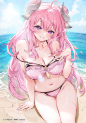 Rule 34 | 1girl, ahoge, animal ears, bare shoulders, beach, bikini, blush, breasts, cameltoe, cleavage, collarbone, commentary request, grin, highres, horns, indie virtual youtuber, large breasts, long hair, looking at viewer, machi (7769), nail polish, navel, ocean, outdoors, parted lips, patreon username, pink bikini, pink hair, purple eyes, purple nails, sitting, smile, solo, stomach, swimsuit, teeth, thighs, virtual youtuber, water, wet, yan hua (vtuber)