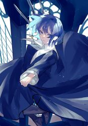Rule 34 | 1girl, absurdres, black footwear, black keys (type-moon), blue dress, blue eyes, blue hair, boots, ciel (tsukihime), closed mouth, commentary, cross, cross necklace, dress, floating hair, habit, hair between eyes, highres, holding, holding sword, holding weapon, jewelry, latin cross, long sleeves, looking at viewer, necklace, nun, serious, short hair, solo, sword, traditional nun, tsukihime, tsukihime (remake), weapon, window, yuzu (pixiv 54192275)