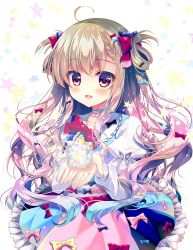 Rule 34 | 1girl, :d, black bow, blue bow, blue choker, blue vest, blush, bow, choker, collarbone, commentary request, cube, fingernails, frilled skirt, frills, hair between eyes, hair bow, holding, juliet sleeves, light brown hair, long hair, long sleeves, looking at viewer, mizuki yuuma, multicolored clothes, multicolored skirt, open mouth, original, puffy sleeves, purple bow, red bow, red eyes, shirt, skirt, smile, solo, star (symbol), starry background, very long hair, vest, white background, white shirt, yellow bow