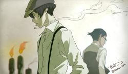 Rule 34 | 10s, 2boys, 91 days, avilio bruno, brown hair, candle, chama kou, cigarette, corteo, facing away, fire, glasses, hat, highres, looking to the side, male focus, multiple boys, smoking, suspenders, twitter username, vest