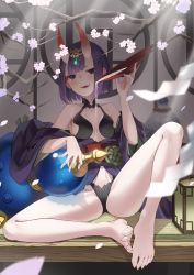 Rule 34 | 1girl, absurdres, bad id, bad pixiv id, bare shoulders, bob cut, breasts, collarbone, eyeliner, fate/grand order, fate (series), headpiece, highres, horns, huge filesize, japanese clothes, kimono, kimyo, long sleeves, looking at viewer, makeup, oni, pouring, pouring onto self, purple eyes, purple hair, purple kimono, revealing clothes, short hair, shuten douji (fate), skin-covered horns, small breasts, solo, spread legs, wide sleeves