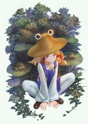 Rule 34 | 1girl, blonde hair, blouse, blush, brown footwear, bush, frog, full body, grey background, grin, hair ribbon, hat, highres, leaf, lily pad, long hair, long sleeves, looking at viewer, masakichi (mmw), moriya suwako, official art, purple eyes, purple skirt, purple vest, red ribbon, ribbon, shirt, shoes, sidelocks, simple background, skirt, skirt set, smile, solo, squatting, strange creators of outer world, teeth, thighhighs, third-party source, touhou, vest, white shirt, white thighhighs, wide sleeves