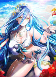 Rule 34 | 1girl, adapted costume, aqua hair, azura (fire emblem), beach, bikini, bracelet, breasts, cleavage, cocktail umbrella, drink, elbow gloves, feh (fire emblem heroes), fingerless gloves, fire emblem, fire emblem fates, fire emblem heroes, flower, gloves, hair between eyes, hair ornament, hand on own chest, highres, jewelry, long hair, looking at viewer, medium breasts, navel, necklace, nintendo, ocean, open mouth, sand sculpture, shell hair ornament, single glove, sitting, solo, swimsuit, tongari, veil, wariza, white gloves, yellow eyes