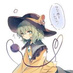 Rule 34 | 1girl, black hat, blush, buttons, closed mouth, collared shirt, diamond button, frilled shirt collar, frills, green eyes, green hair, hair between eyes, hat, hat ribbon, heart, heart of string, highres, komeiji koishi, long sleeves, medium hair, pout, ribbon, sekisei (superego51), shirt, simple background, solo, speech bubble, third eye, touhou, translation request, upper body, white background, yellow ribbon, yellow shirt