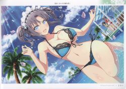 Rule 34 | 3girls, absurdres, bare shoulders, bikini, breasts, day, hair ornament, highres, large breasts, long hair, looking at viewer, multiple girls, navel, ocean, official art, open mouth, outdoors, page number, palm tree, scan, senran kagura, senran kagura new link, shiny skin, short hair, simple background, smile, sparkle, stomach, sunlight, swimsuit, thighs, tree, water, water drop, yaegashi nan