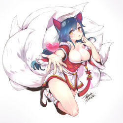 Rule 34 | 1girl, ahri (league of legends), animal ears, blue hair, breasts, cleavage, dated, detached sleeves, ejami, facial mark, fox ears, fox tail, full body, heart, korean clothes, league of legends, long hair, looking at viewer, multiple tails, signature, simple background, smile, solo, tail, whisker markings, white background, yellow eyes