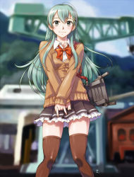 Rule 34 | 1girl, aqua eyes, aqua hair, ascot, blue sky, blush, bow, bowtie, breasts, brown cardigan, brown thighhighs, cardigan, closed mouth, collared shirt, day, hair ornament, hairclip, jacket, kantai collection, large breasts, loafers, long hair, looking at viewer, m/, outdoors, own hands together, petticoat, pleated skirt, red neckwear, rigging, sameha ikuya, school uniform, shirt, shoes, skindentation, skirt, sky, smile, solo, suzuya (kancolle), thighhighs, white shirt