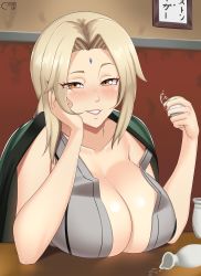 Rule 34 | 1girl, absurdres, blonde hair, blush, breast rest, breasts, breasts on table, brown eyes, castell, cleavage, collarbone, cup, drunk, hand on own face, highres, holding, holding cup, large breasts, lips, long hair, looking at viewer, nail polish, naruto (series), parted bangs, parted lips, red nails, smile, solo, tsunade (naruto)