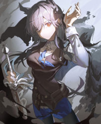 Rule 34 | 1girl, absurdres, animal ears, arknights, black hair, black pantyhose, black vest, blue necktie, blue shorts, breasts, collared shirt, cowboy shot, dabaijiang memeda, extra ears, grey background, hair over one eye, hand up, highres, holding, holding sword, holding weapon, long hair, long sleeves, medium breasts, necktie, official alternate costume, pantyhose, red eyes, shirt, shorts, simple background, solo, sword, texas (arknights), texas the omertosa (arknights), vest, weapon, white shirt, wolf ears, wolf girl