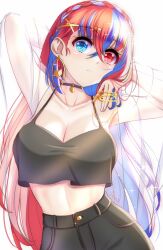 Rule 34 | 1girl, alear (female) (fire emblem), alear (fire emblem), alternate costume, anisdrawn, black choker, blue eyes, blue hair, breasts, camisole, choker, cleavage, commentary, crop top, earrings, fire emblem, fire emblem engage, hair between eyes, highres, hoop earrings, jewelry, large breasts, long hair, looking at viewer, midriff, multicolored hair, nintendo, red eyes, red hair, simple background, solo, spaghetti strap, streaked hair, upper body, very long hair, white background