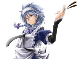 Rule 34 | 1girl, alternate costume, apron, between breasts, between fingers, blue dress, blue hair, breasts, dress, earrings, fingernails, frilled apron, frills, hair ribbon, high collar, holding, holding knife, hoop earrings, i-la, izayoi sakuya, jewelry, knife, knives between fingers, lace-trimmed sleeves, lace trim, long sleeves, looking at viewer, maid apron, maid headdress, nail polish, necktie, necktie between breasts, purple ribbon, red eyes, ribbon, simple background, small breasts, solo, touhou, upper body, white background, white nails