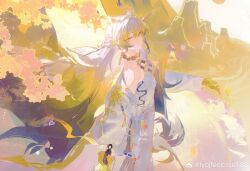 Rule 34 | 1girl, absurdres, arknights, cherry blossoms, coat, commentary request, highres, horns, jewelry, long hair, looking at viewer, lyojfeccnsd188, multicolored hair, necklace, open clothes, open coat, pants, shu (arknights), solo, streaked hair, very long hair, white pants