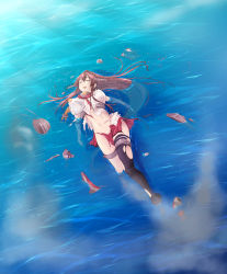 Rule 34 | 1girl, afloat, black thighhighs, brown hair, damaged, detached sleeves, kantai collection, long hair, lying, map (blue catty), miniskirt, on back, partially submerged, pleated skirt, red skirt, shirt, single thighhigh, skirt, smoke, solo, thighhighs, torn clothes, torn shirt, torn skirt, torn sleeves, torn thighhighs, water, yamato (kancolle)