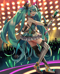 Rule 34 | 1girl, absurdres, aqua eyes, aqua hair, asymmetrical legwear, bare shoulders, black thighhighs, breasts, commentary request, dress, gloves, glowstick, google (asdek18), hair between eyes, hat, hatsune miku, highres, holding, long hair, looking at viewer, magical mirai miku, magical mirai miku (2019), medium breasts, mismatched legwear, penlight (glowstick), skirt, smile, solo, standing, striped clothes, striped thighhighs, thighhighs, twintails, vertical-striped clothes, vertical-striped thighhighs, very long hair, vocaloid, white gloves