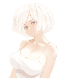 1girl breasts camisole cleavage collarbone commentary_request grey_eyes head_tilt inoitoh large_breasts original short_hair solo spaghetti_strap upper_body white_camisole white_hair