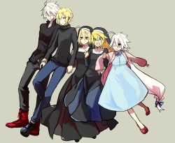Rule 34 | 2boys, 3girls, absurdres, ahoge, alternate costume, blazblue, blonde hair, boots, brother and sister, brothers, casual, closed eyes, closed mouth, confused, deadpan, denim, dress, eyepatch, full body, green eyes, grey background, habit, happy, hat, headwear request, height difference, highres, holding own arm, jacket, jeans, kisaragi jin, lambda-11, long hair, medical eyepatch, multiple boys, multiple girls, noel vermillion, nu-13, nun, open mouth, pants, ragna the bloodedge, red eyes, shirt, shoes, short hair, siblings, simple background, sisters, smile, smirk, sweater, traditional nun, turtleneck, turtleneck sweater, watashihatomato, white hair