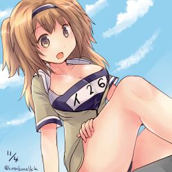 Rule 34 | 1girl, :d, blue sky, breasts, brown eyes, cleavage, cloud, cloudy sky, day, hairband, hirune (konekonelkk), i-26 (kancolle), kantai collection, large breasts, light brown hair, long hair, looking at viewer, name tag, new school swimsuit, one-piece swimsuit, open mouth, sailor collar, school swimsuit, short sleeves, sky, smile, solo, swimsuit, swimsuit under clothes, two-tone hairband, two side up
