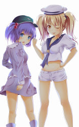 2girls blonde_hair blue_eyes blush brown_eyes dress female_focus hair_bobbles hair_ornament hand_on_own_hip hat highres hip_focus kawashiro_nitori kitashirakawa_chiyuri midriff multiple_girls navel one_eye_closed phantasmagoria_of_dim.dream purple_hair sailor_hat school_uniform serafuku shorts touhou touhou_(pc-98) twintails two_side_up u_jie wink