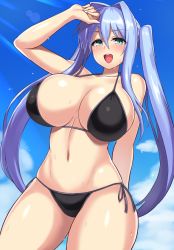 Rule 34 | 1girl, :d, aqua eyes, arm behind back, bare shoulders, bikini, black bikini, blue hair, blue sky, blush, breasts, cleavage, cloud, collarbone, commentary request, cowboy shot, day, groin, hair between eyes, hair intakes, hand on own head, hand up, huge breasts, lens flare, long hair, looking at viewer, midriff, navel, nega96396, open mouth, original, outdoors, side-tie bikini bottom, sidelocks, sky, smile, solo, standing, sunlight, sweat, swimsuit, twintails, upper body, water drop
