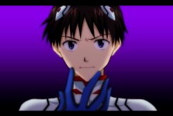 1boy blue_eyes blue_gloves bodysuit brown_hair closed_mouth commentary gloves gradient_background hairpods hand_up highres ikari_shinji interface_headset letterboxed looking_at_viewer male_focus mecha_pilot_suit neon_genesis_evangelion outstretched_hand plugsuit portrait serious short_hair solo straight-on tousok upper_body white_bodysuit