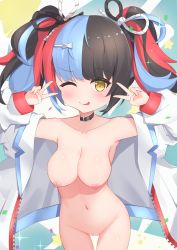 Rule 34 | 1girl, armpits, black hair, blue hair, blush, breasts, cleft of venus, collarbone, cowboy shot, cp2980606, double v, fate/grand order, fate (series), hair ornament, hairclip, heart, heart-shaped pupils, heart in eye, highres, long hair, looking at viewer, medium breasts, multicolored hair, nipples, pussy, red hair, sei shounagon (fate), smile, solo, stomach, symbol-shaped pupils, symbol in eye, tagme, tongue, tongue out, twintails, uncensored, v, yellow eyes