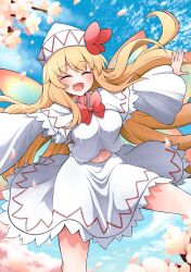 Rule 34 | 1girl, blonde hair, breasts, closed eyes, fairy, fairy wings, highres, large breasts, lily white, long hair, navel, scavia10, solo, touhou, very long hair, wings