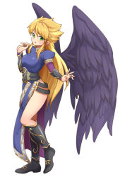 Rule 34 | 1girl, angel wings, blonde hair, blush, boots, breasts, breath of fire, breath of fire ii, bridal gauntlets, commentary request, dress, green eyes, hamburger kitazawa, knee boots, long hair, looking at viewer, nina (breath of fire ii), open mouth, purple wings, side slit, simple background, solo, white background, wings