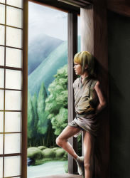 Rule 34 | 1boy, blonde hair, child, highres, indoors, japanese clothes, japanese house, male focus, mountain, realistic, sky, solo, tagme, to1989