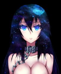 Rule 34 | 1girl, bdsm, black background, blue eyes, blue hair, breasts, chain, cleavage, collar, collarbone, expressionless, full moon, long hair, matching hair/eyes, moon, original, samael (5211), simple background, slave, solo, space, star (symbol)
