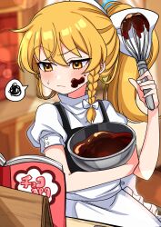 Rule 34 | 1girl, alternate hairstyle, blonde hair, blurry, blurry background, blush, book, bow, bowl, braid, chocolate, chocolate making, chocolate on face, closed mouth, food, food on face, hair between eyes, hair bow, hand up, highres, holding, holding whisk, ishiki nuru, kirisame marisa, no headwear, one-hour drawing challenge, ponytail, puffy sleeves, raised eyebrow, reading, side braid, solo, spoken squiggle, squiggle, touhou, turtleneck, wavy mouth, whisk, white bow, yellow eyes