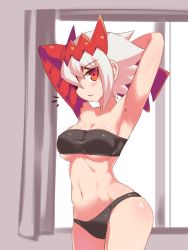 Rule 34 | 1girl, bare shoulders, black panties, breasts, cougar (cougar1404), dragon: marked for death, empress (dmfd), hair ornament, navel, panties, red eyes, scar, scar on face, short hair, solo, strapless, tube top, underwear, white hair, window