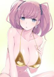 Rule 34 | 1girl, atlanta (kancolle), bikini, blush, breasts, brown hair, earrings, gold bikini, grey eyes, hand on breast, highres, jewelry, kantai collection, kumadano, large breasts, long hair, navel, scrunchie, star (symbol), star earrings, stomach, two side up, upper body, yellow background