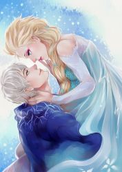 Rule 34 | 1boy, 1girl, crossover, elsa (frozen), frozen (disney), jack frost (rise of the guardians), lift up, rise of the guardians, sequins, white hair