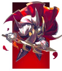 Rule 34 | 1boy, cape, glaring, gloves, highres, holding, holding sword, holding weapon, kirby (series), looking at viewer, male focus, mask, meta knight, nintendo, one eye covered, petals, red background, simple background, solo, sword, user gaje3724, weapon